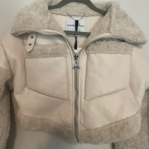 NWT Maniere De Voir Borg Biker Jacket Vegan Leather 6 angular hem beige‎ casual - Picture 4 of 8